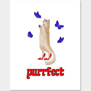 Purrfect - a cute cat in red shoes chasing butterflies Posters and Art